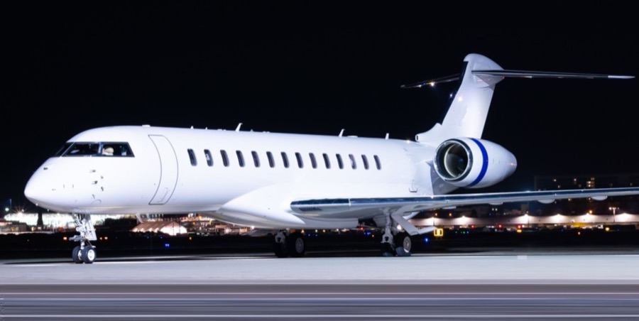 Bombardier Global 7500 ultra-long-range jet at night
