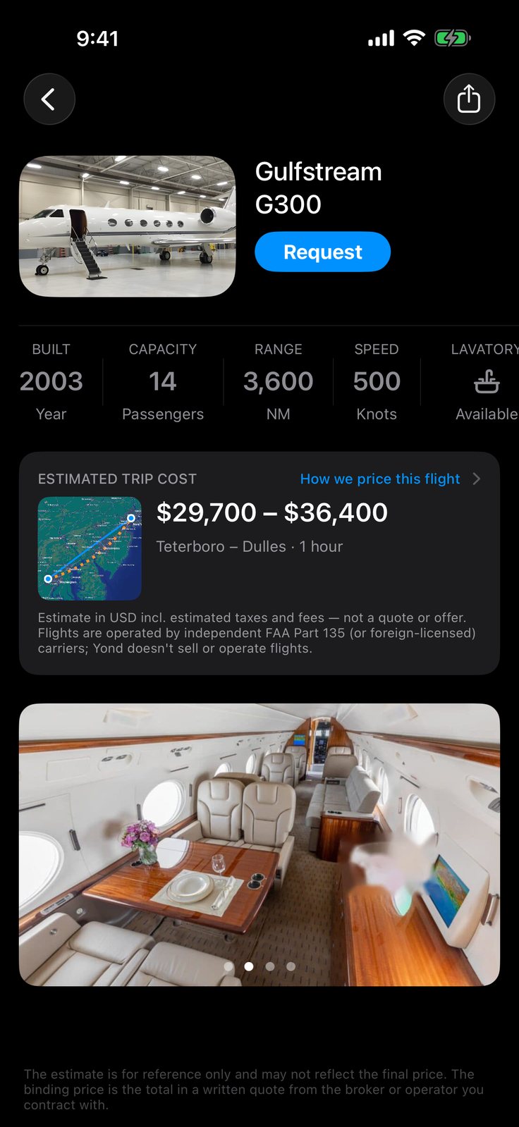 Yond app — aircraft details with the estimated trip cost