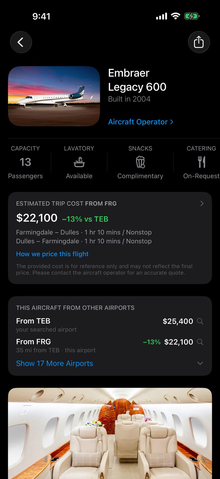 Yond app — aircraft details with the estimated trip cost