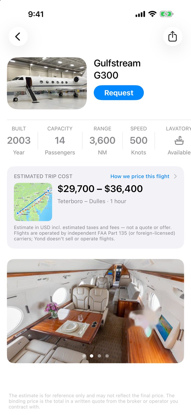 Yond app — aircraft details with the estimated trip cost
