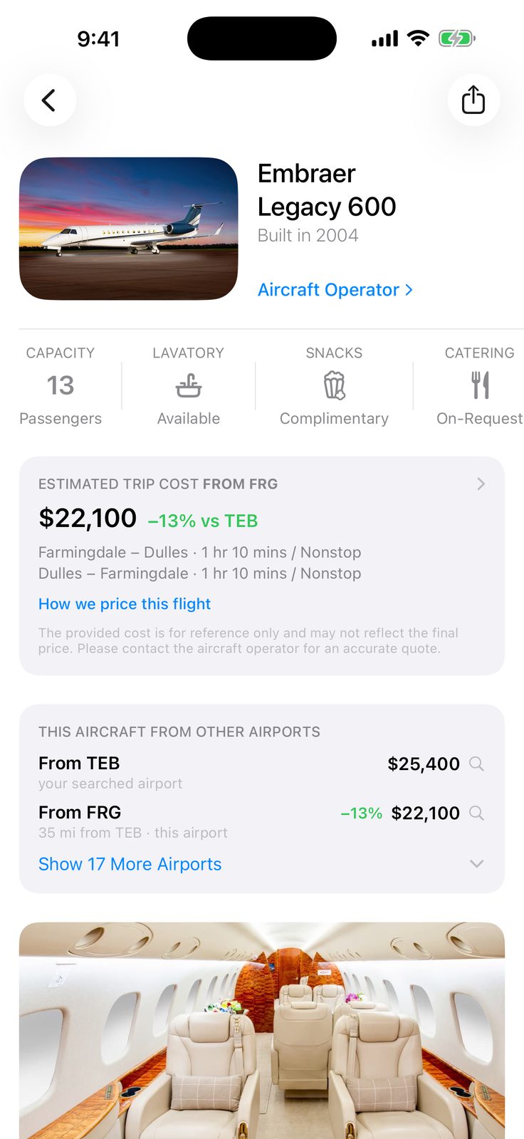 Yond app — aircraft details with the estimated trip cost