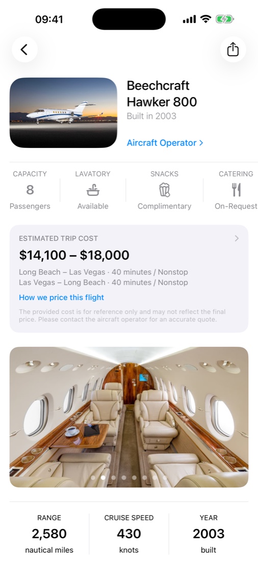 Yond app — aircraft details with the estimated trip cost