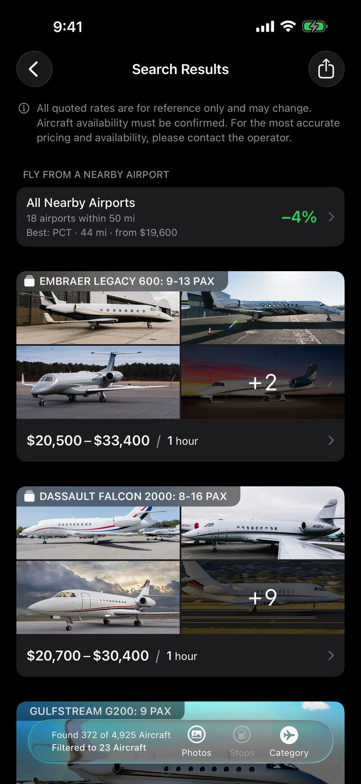 Yond app — search results with estimated prices per aircraft