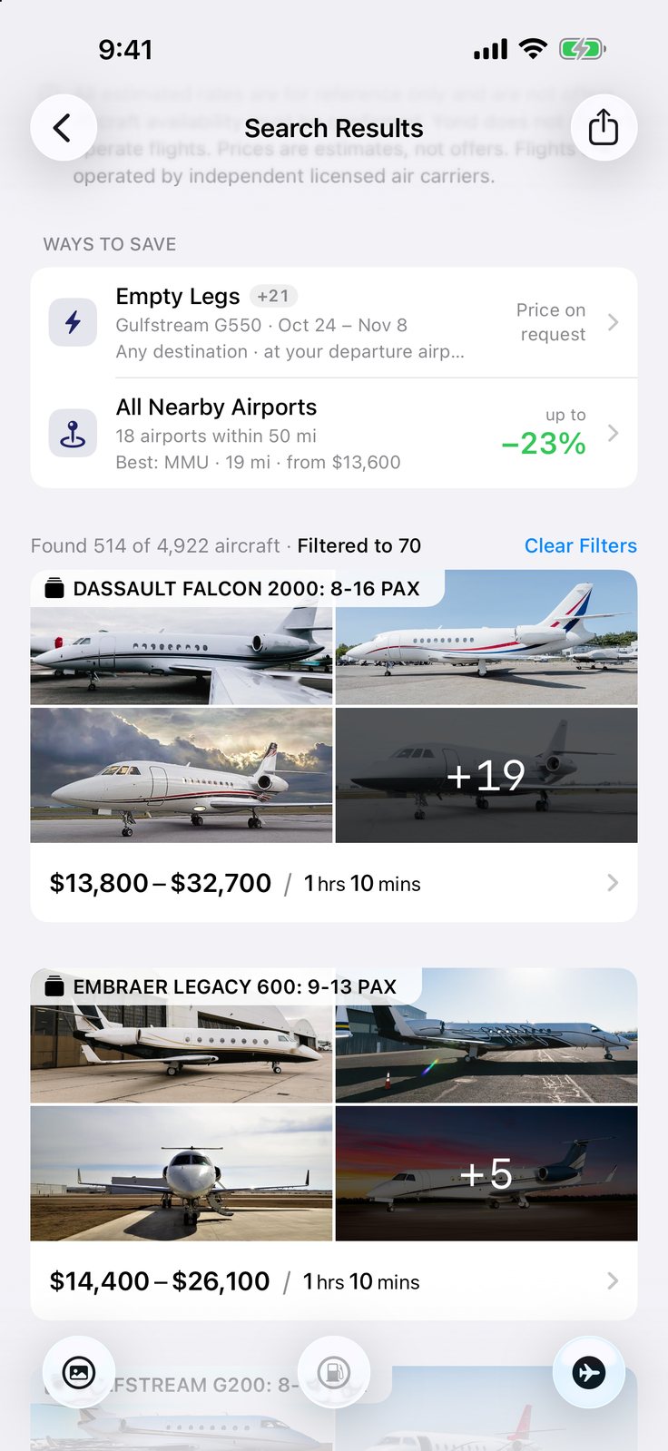 Yond app — search results with estimated prices per aircraft