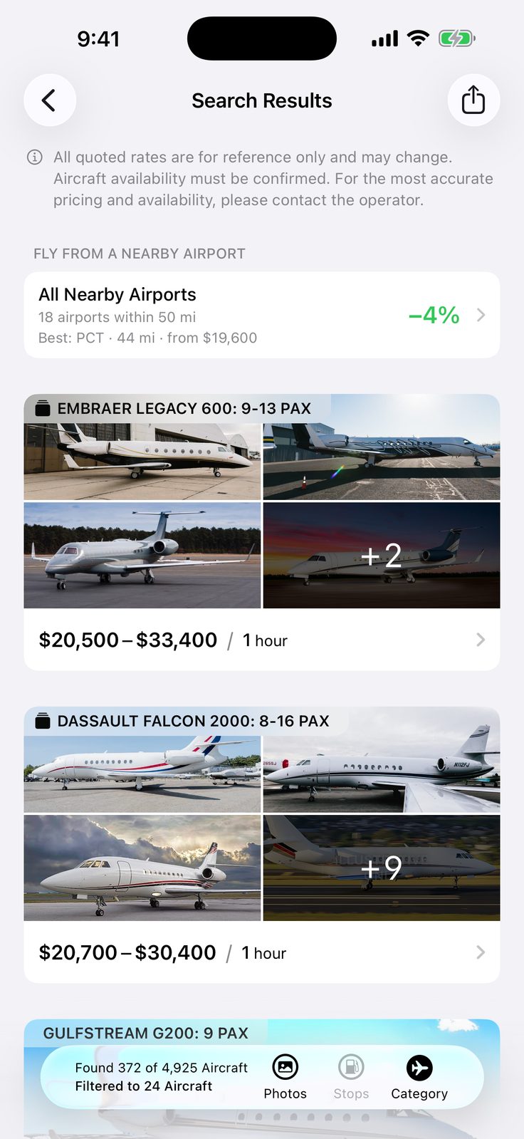 Yond app — search results with estimated prices per aircraft