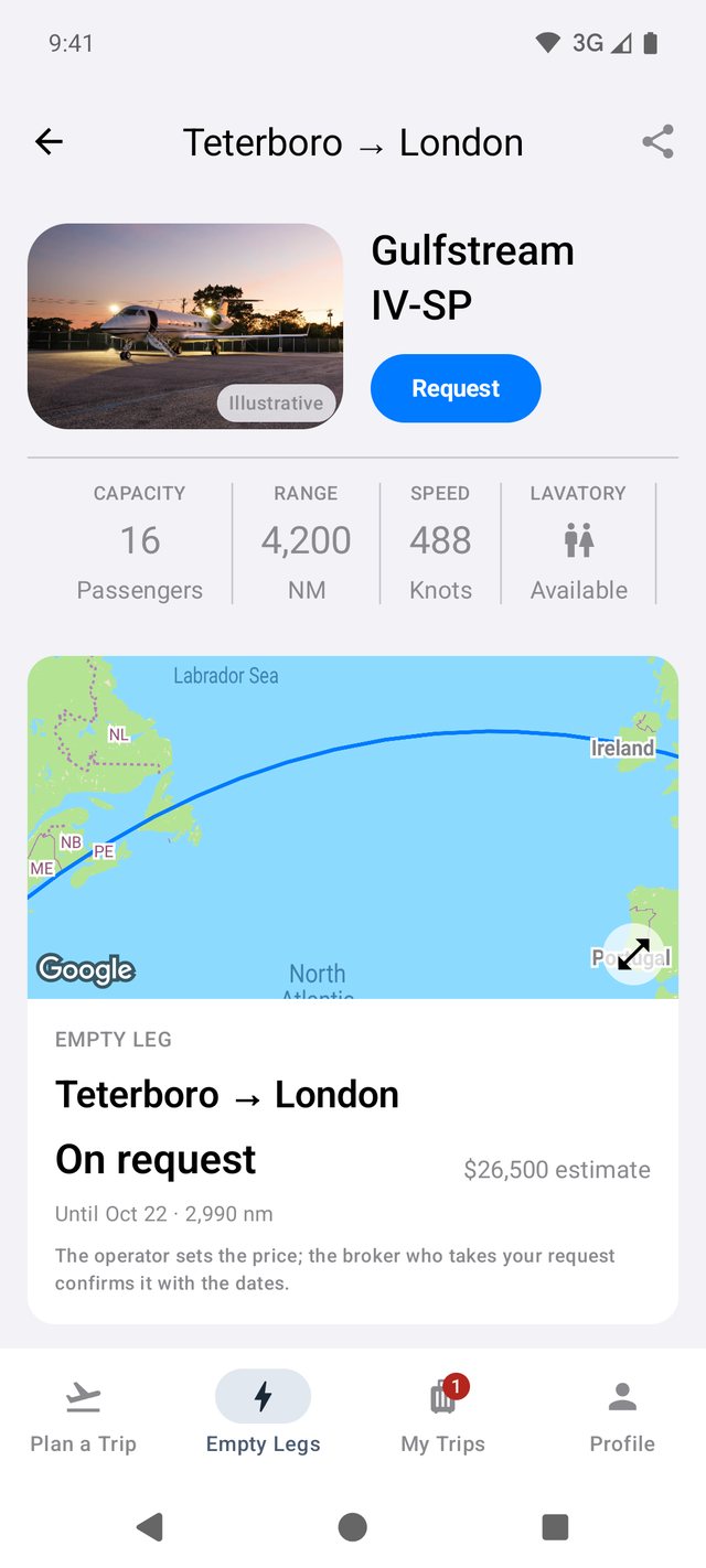 Empty-leg details on Android