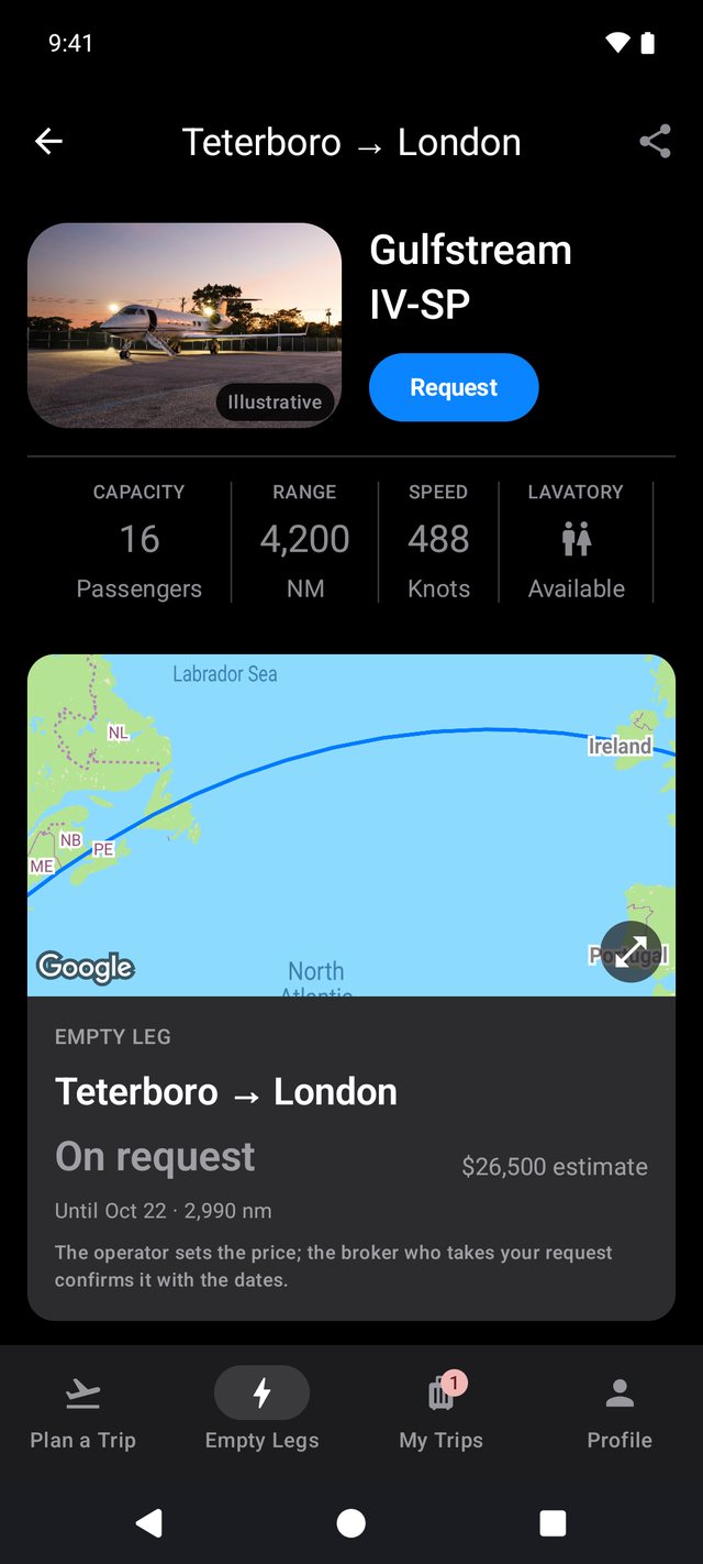 Empty-leg details on Android