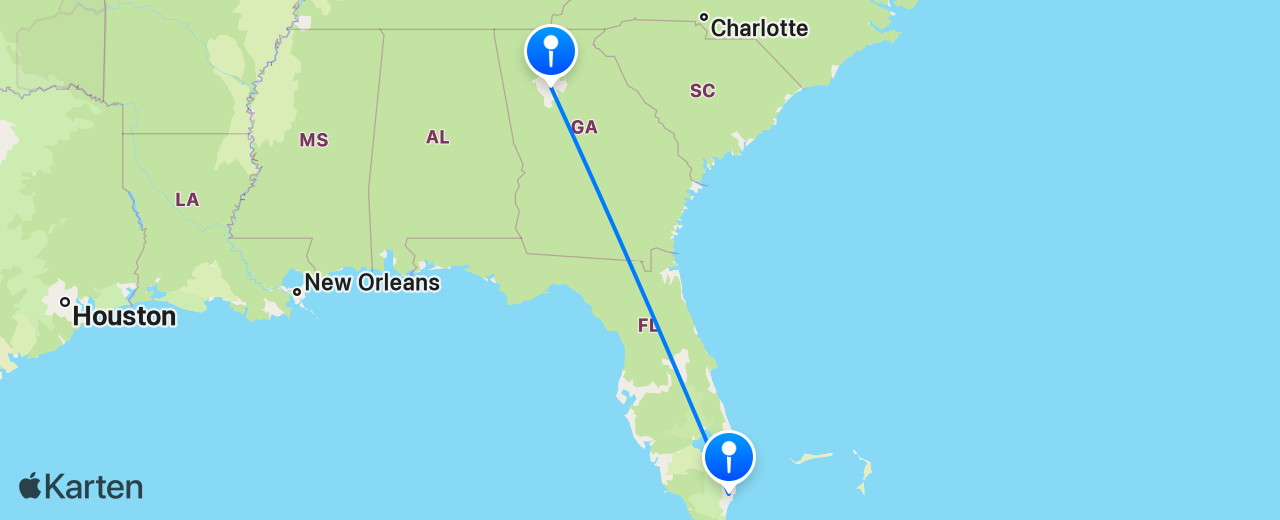 Karte des Flugs von Miami nach Atlanta