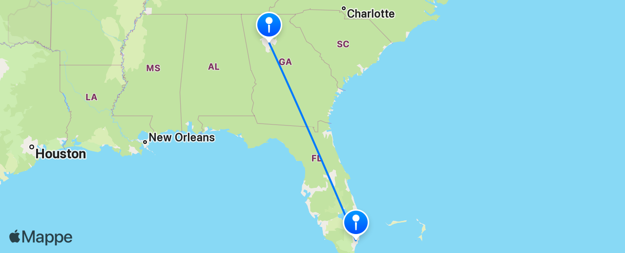 Mappa del volo da Miami a Atlanta