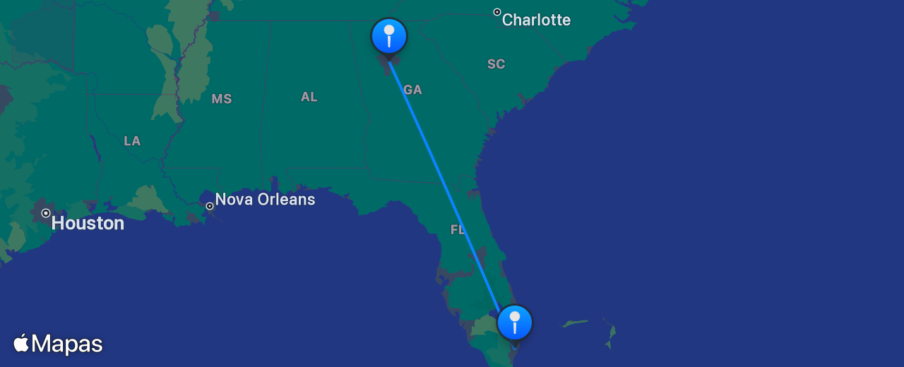 Mapa do voo de Atlanta para Miami