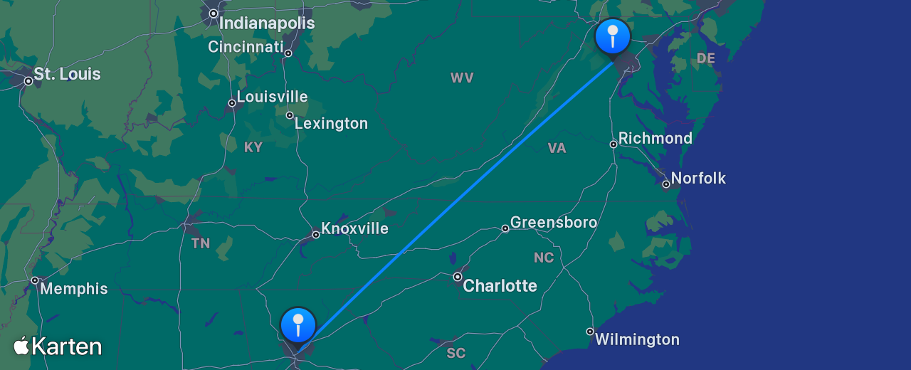 Karte des Flugs von Atlanta nach Washington DC