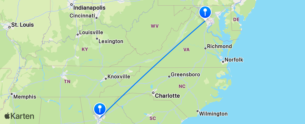 Karte des Flugs von Atlanta nach Washington DC