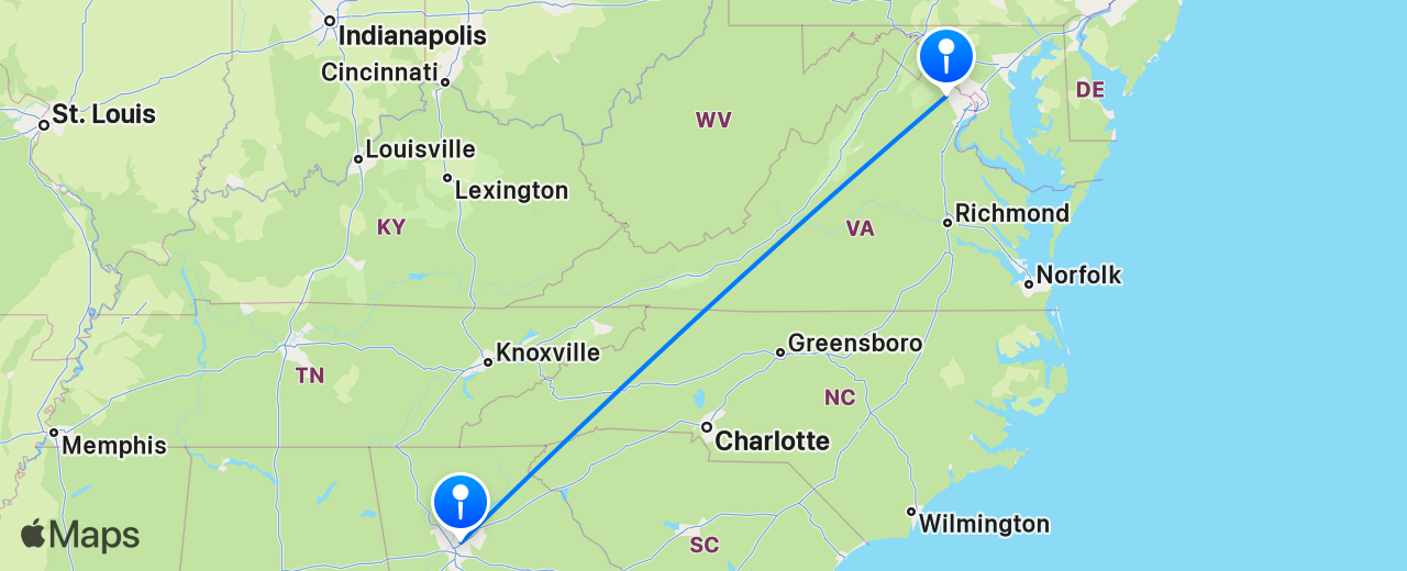 Map of the flight from Atlanta to Washington DC