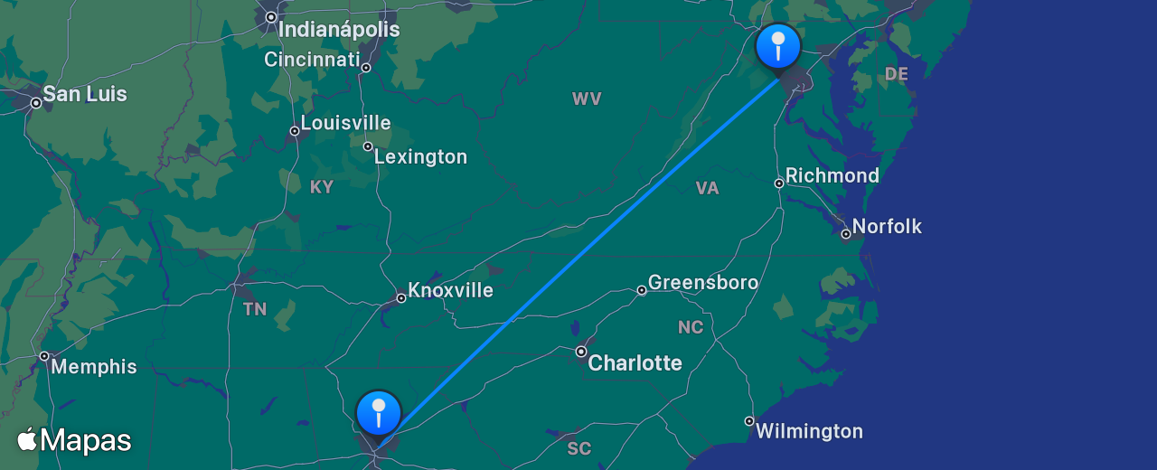 Mapa del vuelo de Atlanta a Washington DC