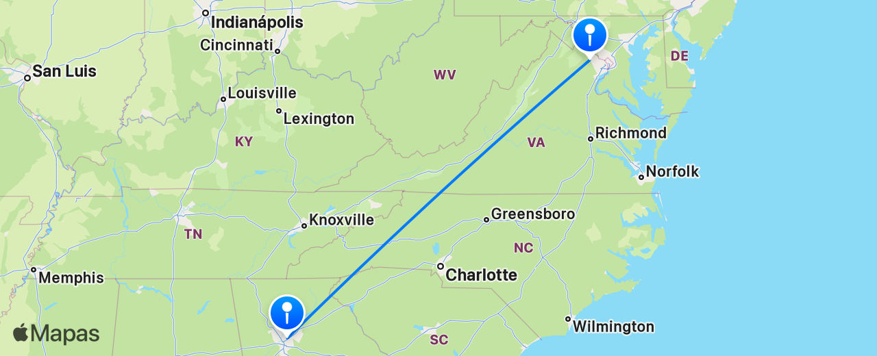 Mapa del vuelo de Atlanta a Washington DC