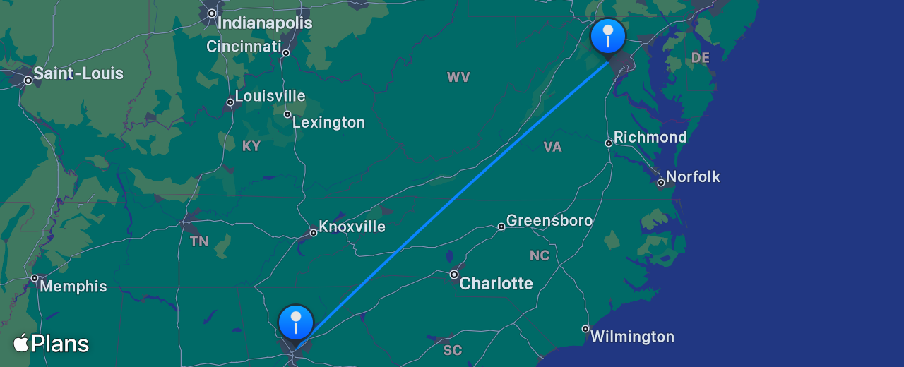 Carte du vol de Atlanta vers Washington DC