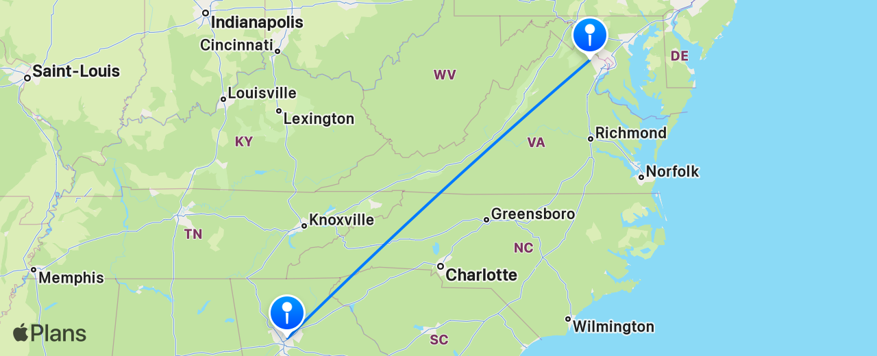 Carte du vol de Atlanta vers Washington DC