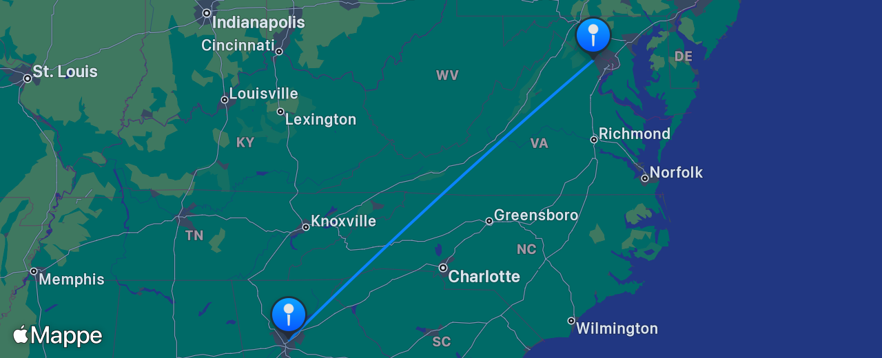 Mappa del volo da Washington DC a Atlanta