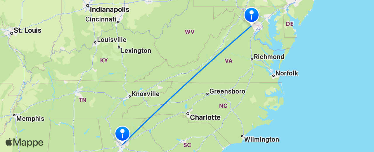 Mappa del volo da Washington DC a Atlanta