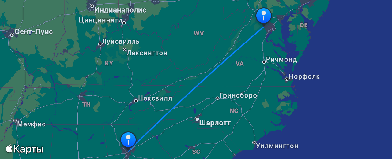 Карта перелёта Вашингтон — Атланта