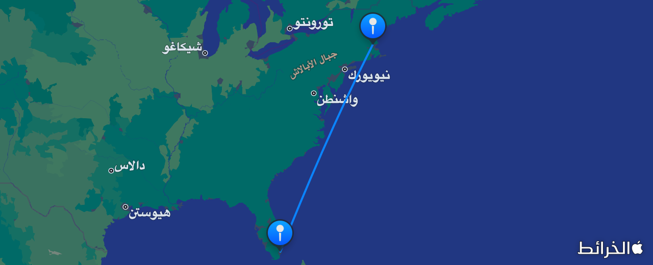 خريطة الرحلة من بوسطن إلى ميامي