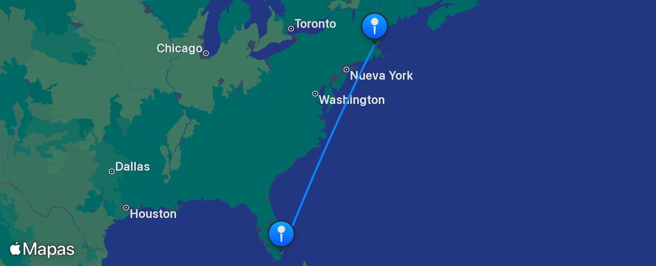 Mapa del vuelo de Boston a Miami