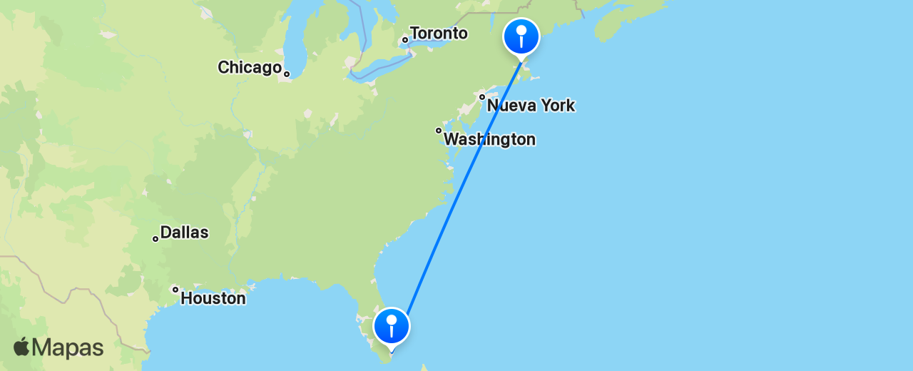 Mapa del vuelo de Boston a Miami