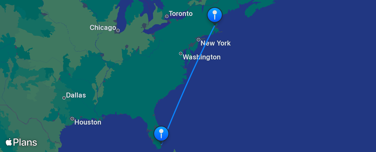 Carte du vol de Miami vers Boston