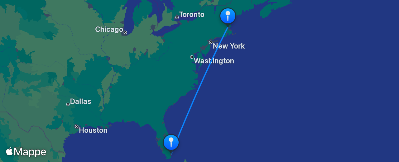Mappa del volo da Boston a Miami