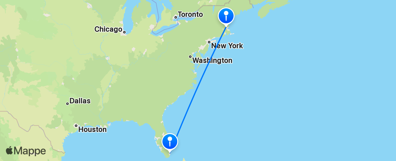 Mappa del volo da Boston a Miami