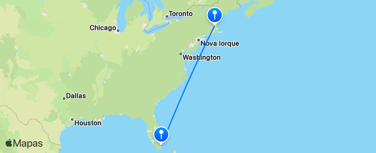 Mapa do voo de Boston para Miami