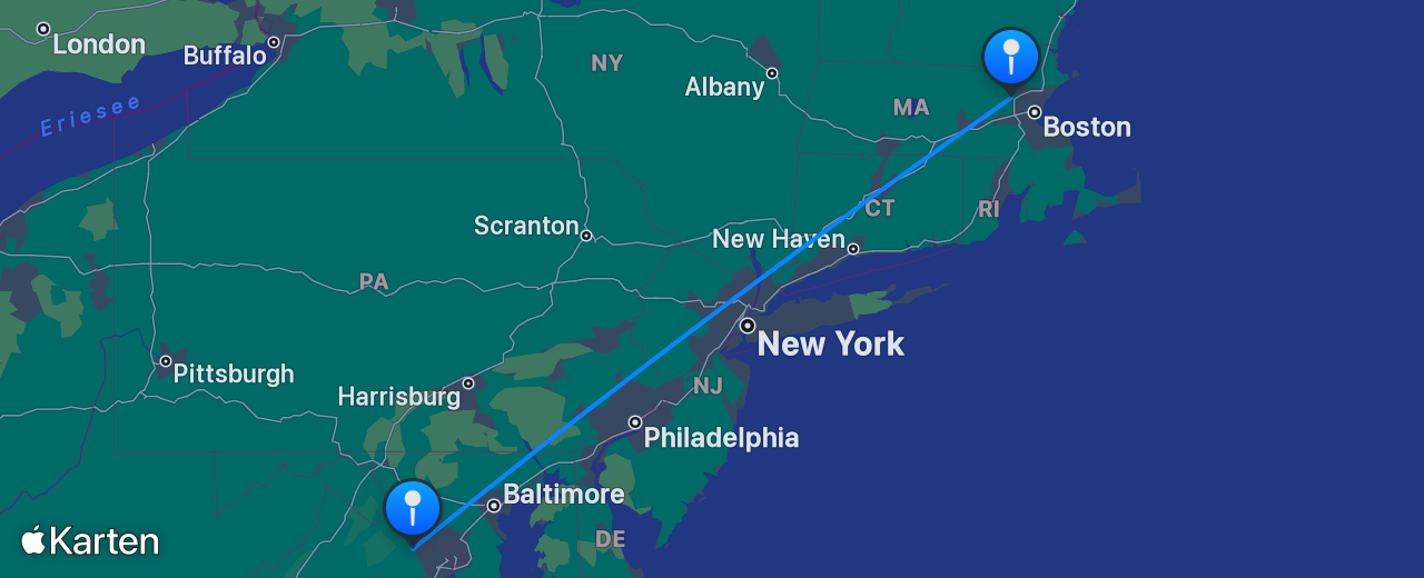 Karte des Flugs von Boston nach Washington DC
