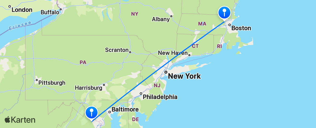 Karte des Flugs von Boston nach Washington DC