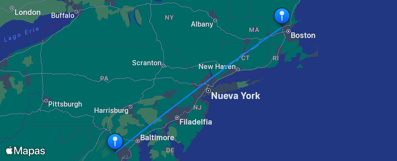 Mapa del vuelo de Boston a Washington DC