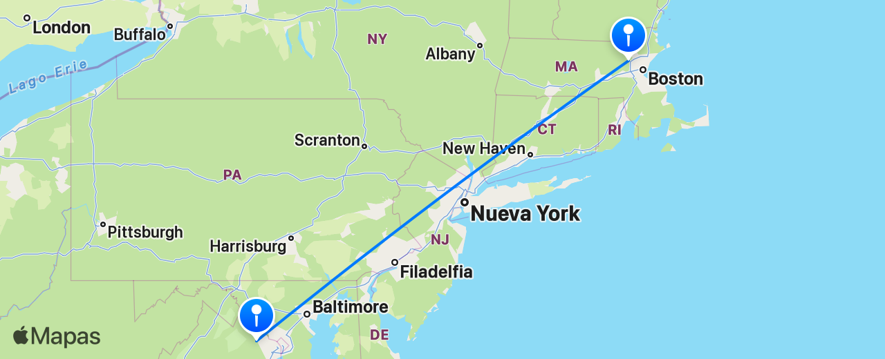 Mapa del vuelo de Boston a Washington DC