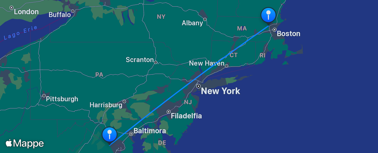 Mappa del volo da Boston a Washington DC