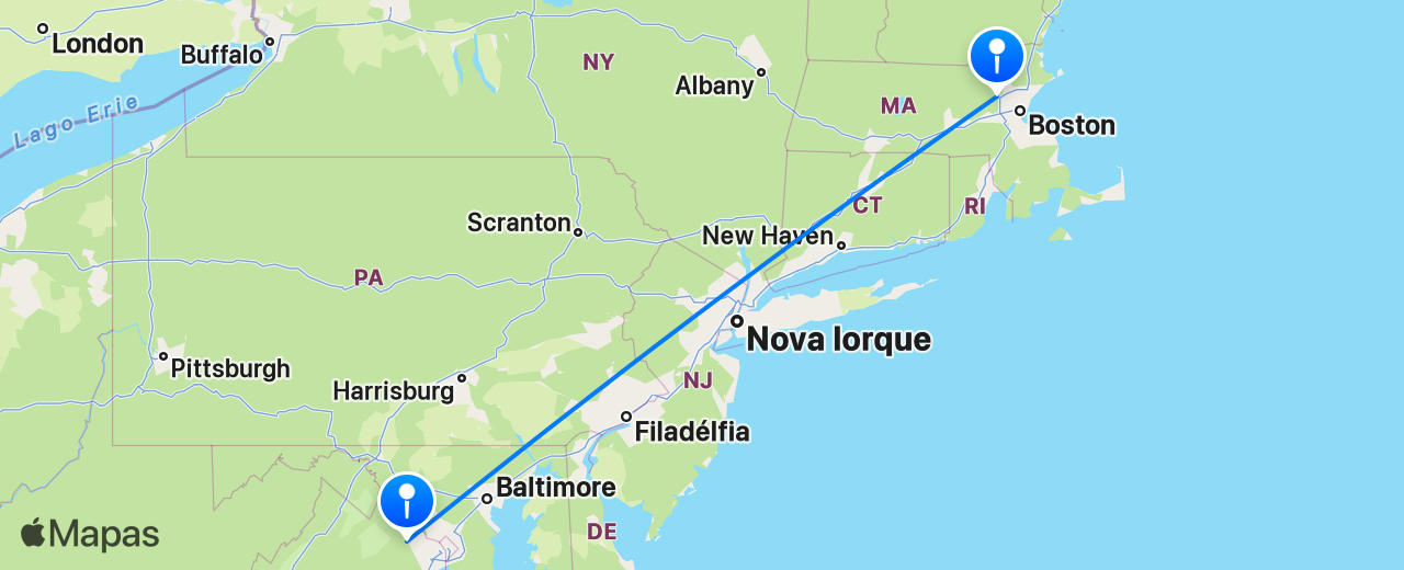 Mapa do voo de Washington DC para Boston