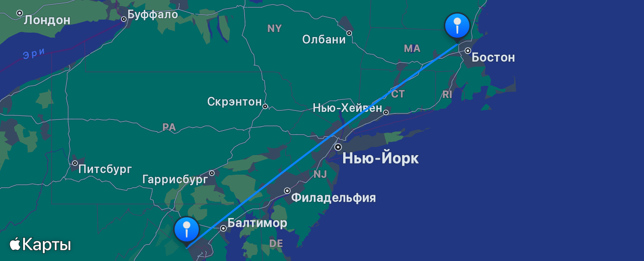 Карта перелёта Бостон — Вашингтон