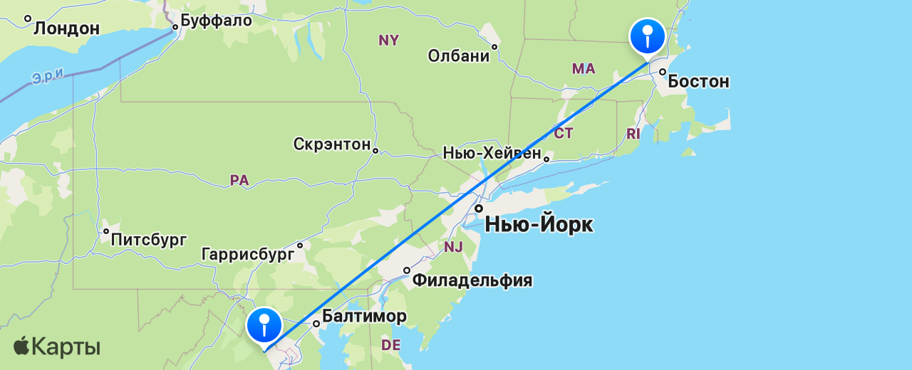 Карта перелёта Бостон — Вашингтон