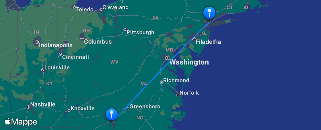 Mappa del volo da Charlotte a New York