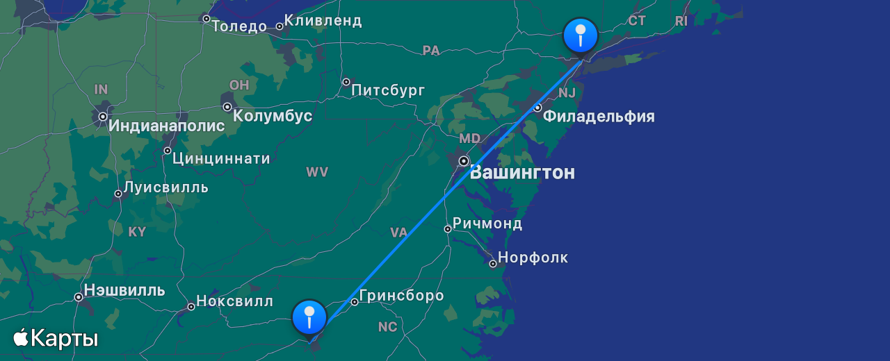 Карта перелёта Шарлотт — Нью-Йорк