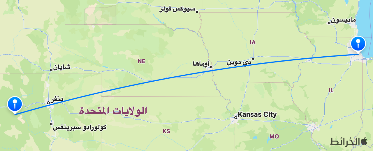 خريطة الرحلة من أسبن إلى شيكاغو
