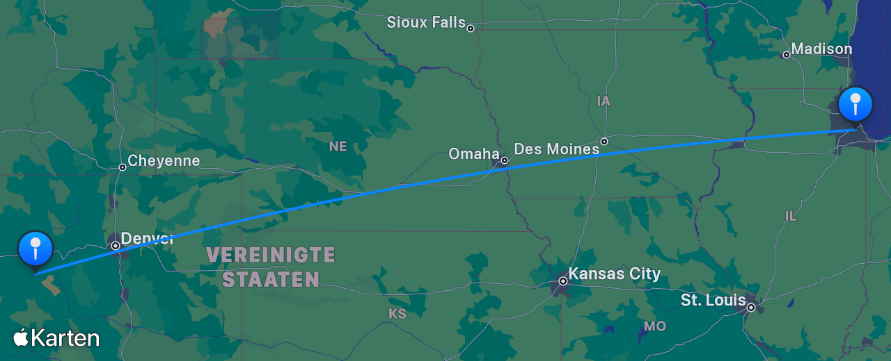 Karte des Flugs von Aspen nach Chicago