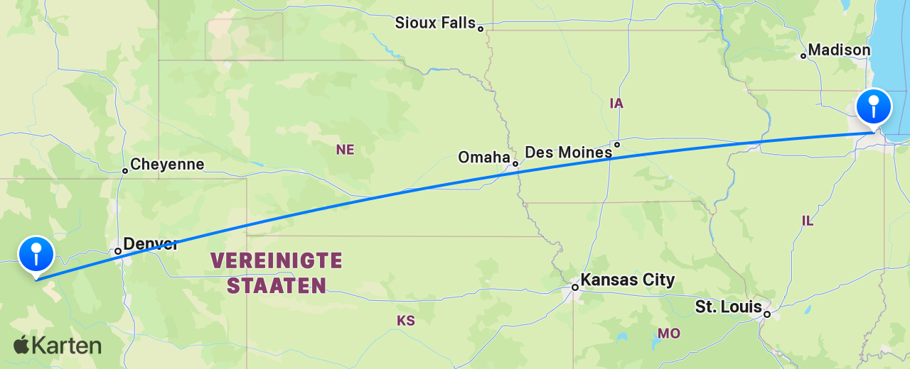 Karte des Flugs von Aspen nach Chicago