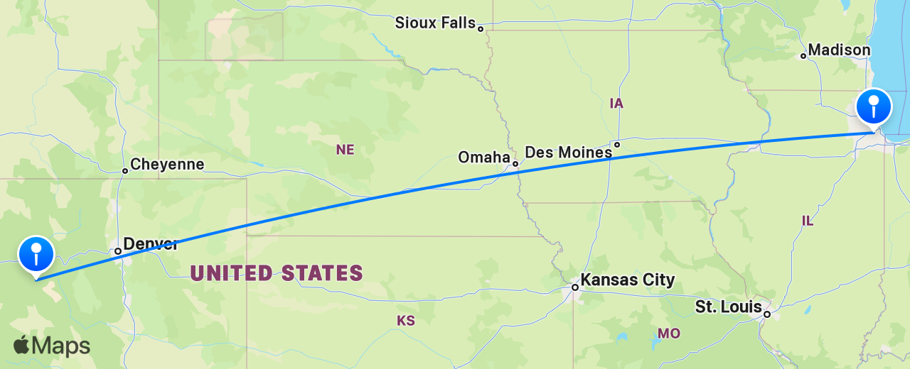 Map of the flight from Aspen to Chicago