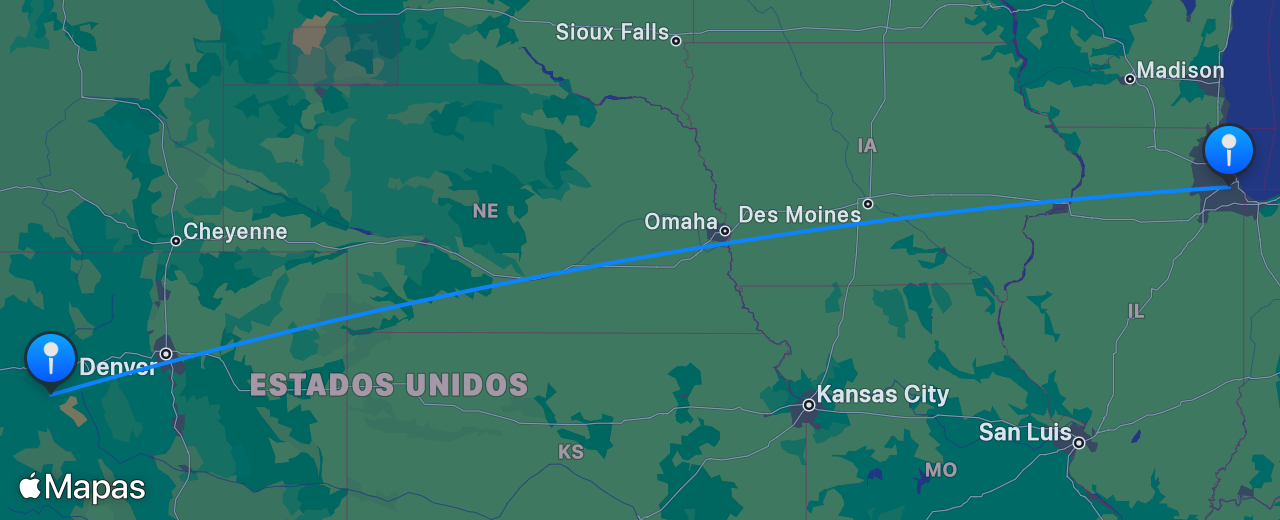 Mapa del vuelo de Aspen a Chicago