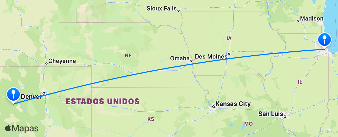 Mapa del vuelo de Aspen a Chicago
