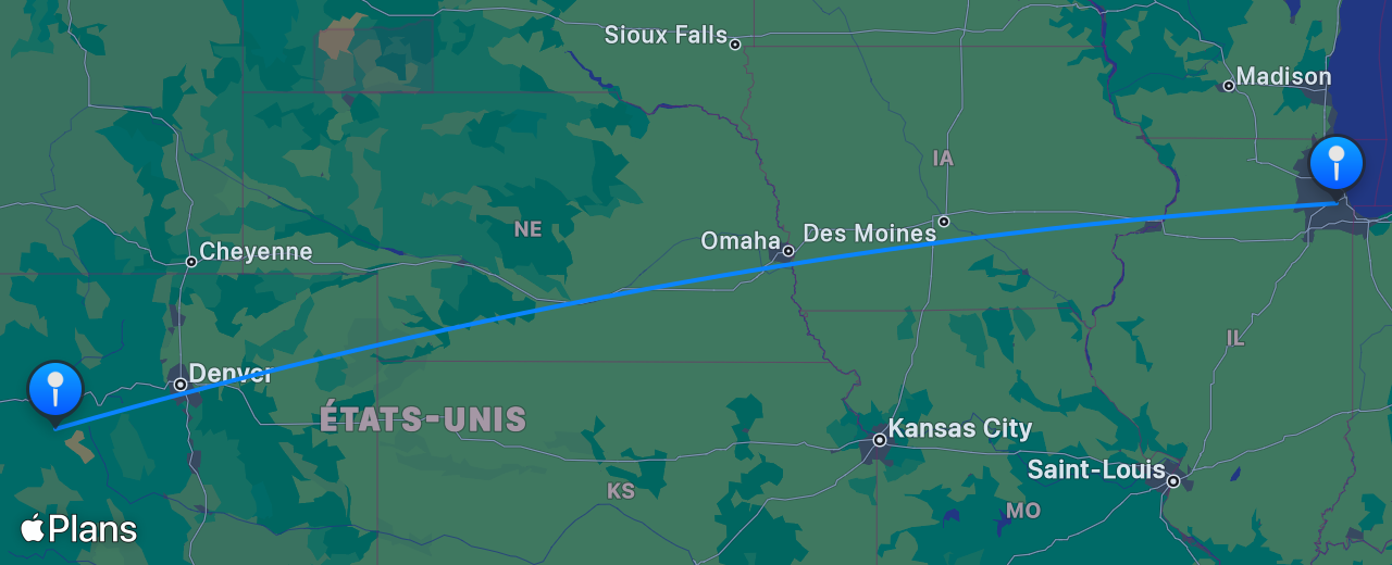 Carte du vol de Chicago vers Aspen