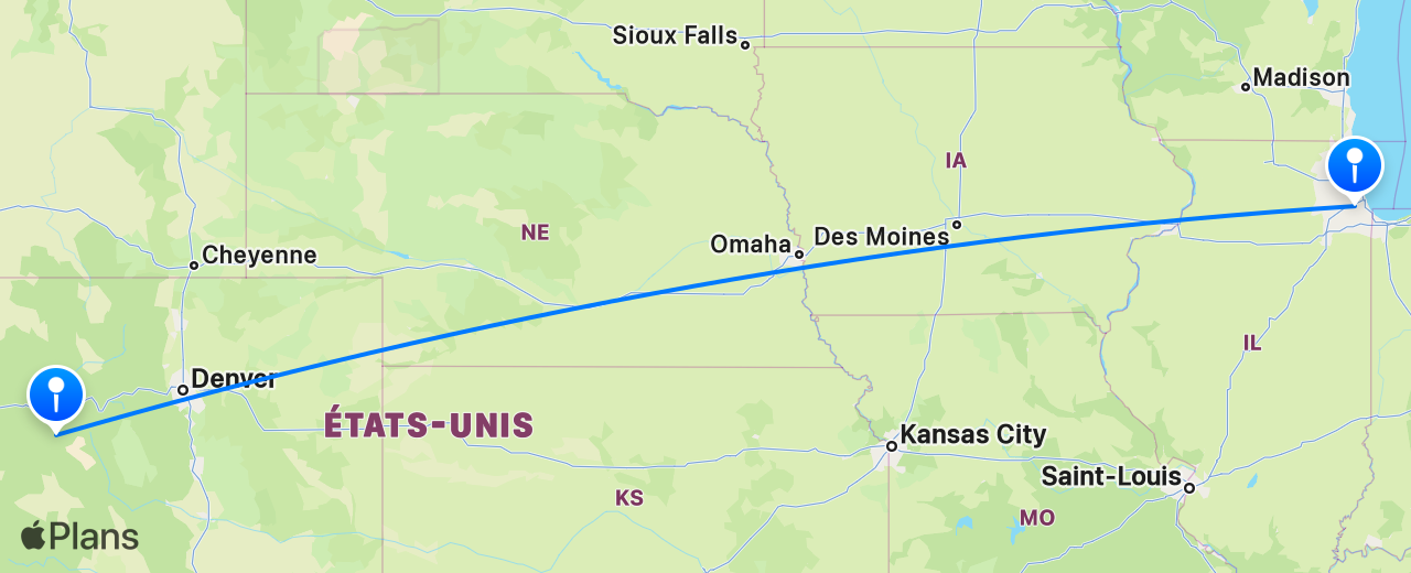 Carte du vol de Chicago vers Aspen