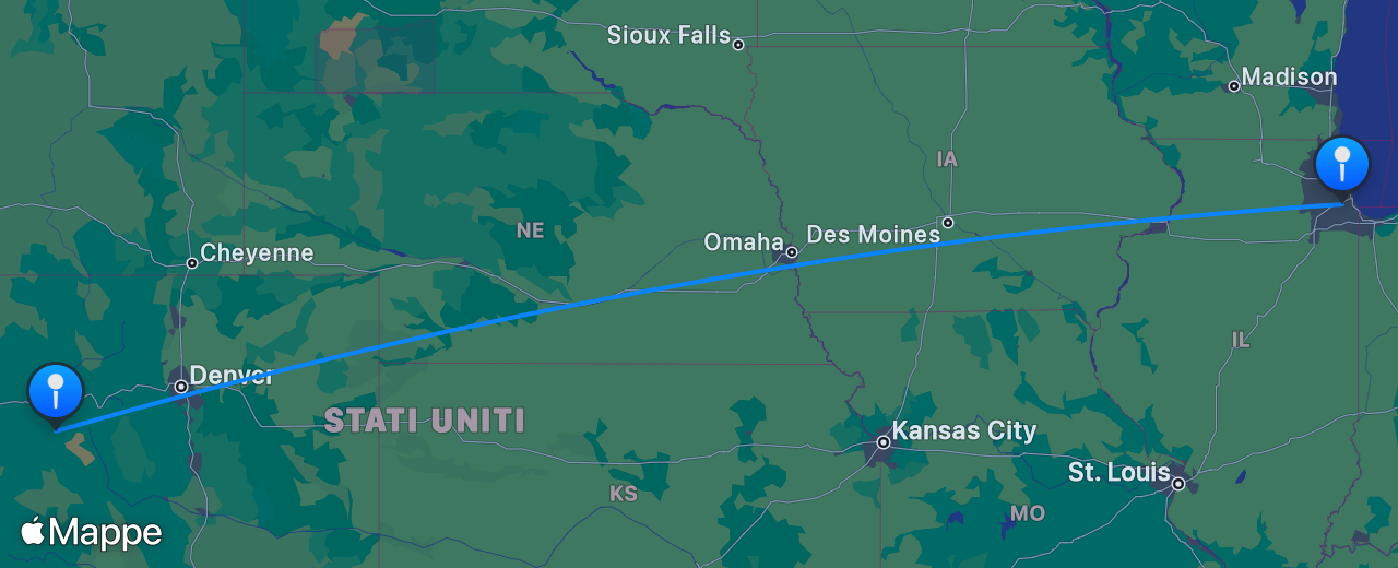 Mappa del volo da Aspen a Chicago